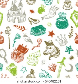 Hand drawn vector pattern with elements from fairy tale. Fantasy, magic elements. Castle, unicorn, potions.