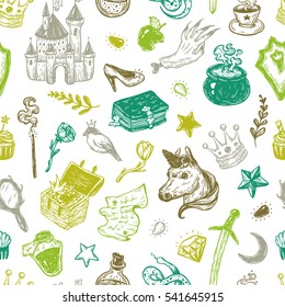Hand drawn vector pattern with elements from fairy tale. Fantasy, magic elements. Castle, unicorn, potions.
