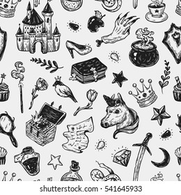 Hand drawn vector pattern with elements from fairy tale. Fantasy, magic elements. Castle, unicorn, potions.