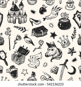 Hand drawn vector pattern with elements from fairy tale. Fantasy, magic elements. Castle, unicorn, potions.