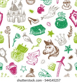 Hand drawn vector pattern with elements from fairy tale. Fantasy, magic elements. Castle, unicorn, potions.