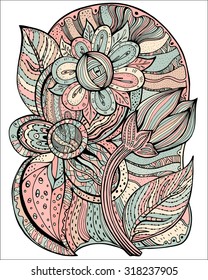 Hand drawn vector pattern. Ethnic retro design in zentangle style with floral elements, colorful illustration on white background