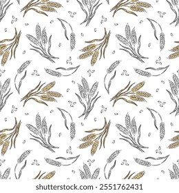 Hand drawn vector pattern featuring wheat stalks and seeds on a white background