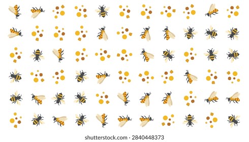 hand drawn vector pattern featuring adorable little honey bees and golden pollen spots creating a joyful summer nature design