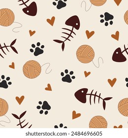 Hand drawn vector pattern with fish skeleton, cat paw and balls of yarn. Pet loving background illustration. Cute bright backdrop for textile clothing, gift wrapping and boxes