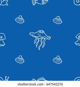 Hand drawn vector pattern with fish and  undersea world. Blue and white, line art style drawing. Could be used as background, wrapping paper, book page and textile ornament.