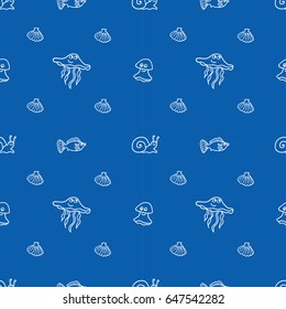 Hand drawn vector pattern with fish and  undersea world. Blue and white, line art style drawing. Could be used as background, wrapping paper, book page and textile ornament.