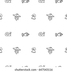 Hand drawn vector pattern with fish , medusa and helix. Black contour, line art style drawing. Could be used as background, wrapping paper, wallpaper, book page and textile ornament.