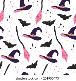 Hand drawn vector pattern for halloween. Witch hat, broom and bat colourful background.