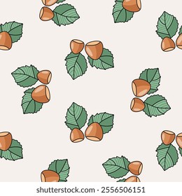 Hand drawn vector pattern of hazelnuts. Seamless vector pattern with hazelnuts on a white background.