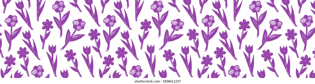 Hand drawn vector pattern with herbs. Long banner. Doodle floral element. Spring and summer symbol. Contour otline drawing of simple black twigs and flowers