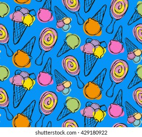 Hand drawn vector pattern with ice cream. Vector illustration.