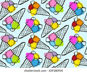 Hand drawn vector pattern with ice cream. Vector illustration.