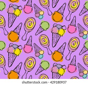 Hand drawn vector pattern with ice cream. Vector illustration.