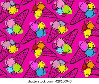 Hand drawn vector pattern with ice cream. Vector illustration.