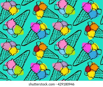 Hand drawn vector pattern with ice cream. Vector illustration.