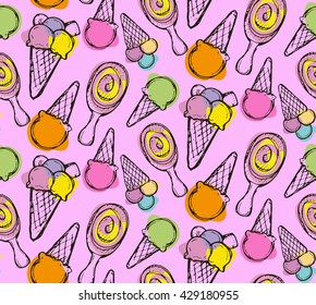 Hand drawn vector pattern with ice cream. Vector illustration.