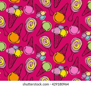 Hand drawn vector pattern with ice cream. Vector illustration.