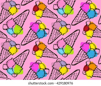 Hand drawn vector pattern with ice cream. Vector illustration.