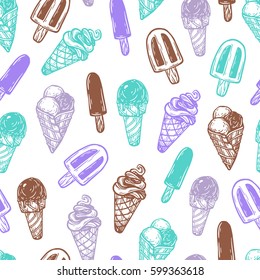 Hand drawn vector pattern with ice cream. Vector ice cream. 