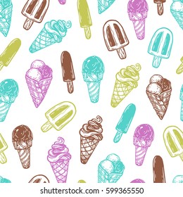 Hand drawn vector pattern with ice cream. Vector ice cream. 