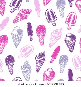 Hand drawn vector pattern with ice cream. Vector ice cream. 