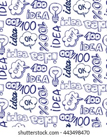 Hand drawn vector pattern with idea, cloud, OK, 100%. Vector illustration. Textile seamless pattern  of hand drawn set.