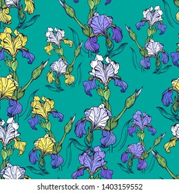 Hand drawn vector pattern with Iris.
