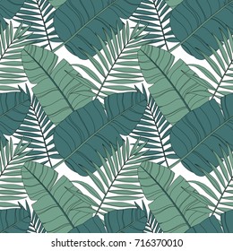 Hand drawn vector pattern with jungle leaves. Tropical seamless background for poster, kitchen textiles, clothing and website