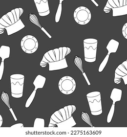 Hand drawn vector pattern of kitchenware items.
