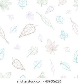 Hand Drawn Vector Pattern with Leaves. Seamless background with Freehand Summer Nature elements. Organic Handmade Colorful Decorative Doodles: oak, maple, chestnut, birch. Drawing Illustration.