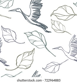 The hand drawn vector pattern of leaves and flying birds