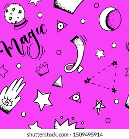 Hand drawn vector pattern with magic elements. Doodle style drawing. Stars, cristal ball and moon background pink color. Wrapping paper, textile art. 