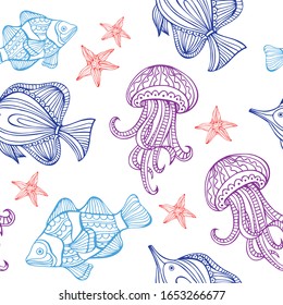 Hand drawn vector pattern of marine inhabitants. Doodle style. Illustration for children. Seamless background 