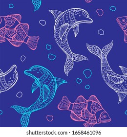 Hand drawn vector pattern of marine inhabitants. Doodle style. Background for children. Marine illustration.