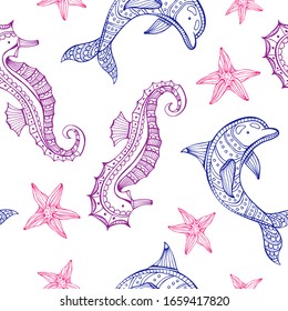 Hand drawn vector pattern of marine inhabitants. Doodle style. Background for children. Marine illustration.