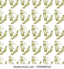 Hand drawn  vector pattern of olive oil, olive twig. On write background