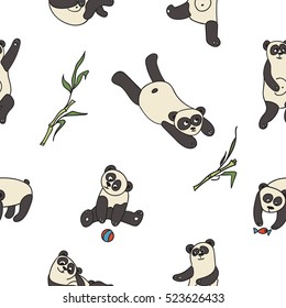 Hand drawn vector pattern with pandas  for wallpaper, card, textile, comic, poster
