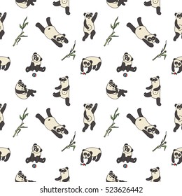 Hand drawn vector pattern with pandas  for wallpaper, card, textile, comic, poster