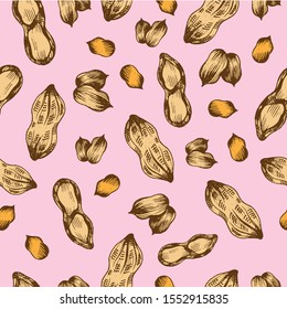 Hand drawn vector pattern of 
peanut. Nut background. Peanut vector illustration.