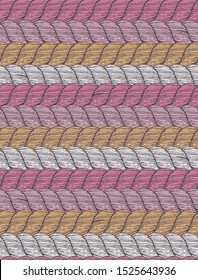 Hand Drawn Vector Pattern with Pink, White and Beige Twisted Cords. Pastel Color Print with Hand Sketched Strings ideal for Fabric, Textile, Wrapping Paper. Rope Repeatable Vector Design.