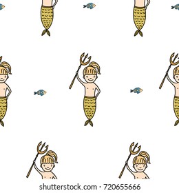 Hand drawn vector pattern with playful mermaids swimming in a sea. Textile ornament, wrapping paper, surface print design.