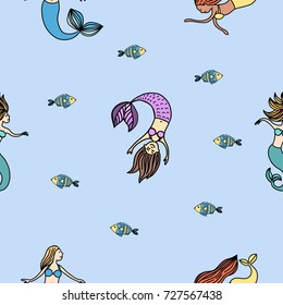 Hand drawn vector pattern with playful mermaids swimming in a sea. Textile ornament, wrapping paper, surface print design.