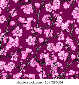 Hand drawn vector pattern of sakura branch.
Sketch illustration of sakura branch.