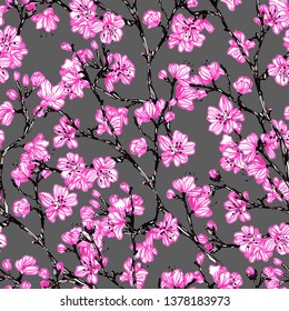 Hand drawn vector pattern of sakura branch.
Sketch illustration of sakura branch.