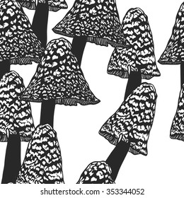Hand drawn vector pattern. Seamless pattern with mystical mushrooms. Creative black contour art work. Hand drawn illustration magic mushrooms. Witchcraft seamless pattern.