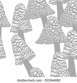 Hand drawn vector pattern. Seamless pattern with mystical mushrooms. Creative black contour art work. Hand drawn illustration magic mushrooms. Witchcraft seamless pattern.