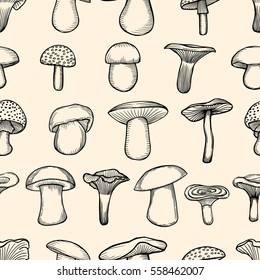 Hand drawn vector pattern. Seamless pattern with mushrooms. Creative black contour art work. Hand drawn illustration mushrooms. Nature seamless pattern