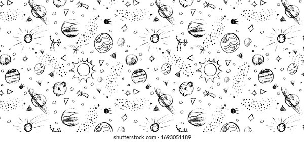 Hand drawn vector pattern with set of circular planets and stars,