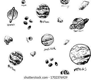 Hand drawn vector pattern with set of circular planets and stars,